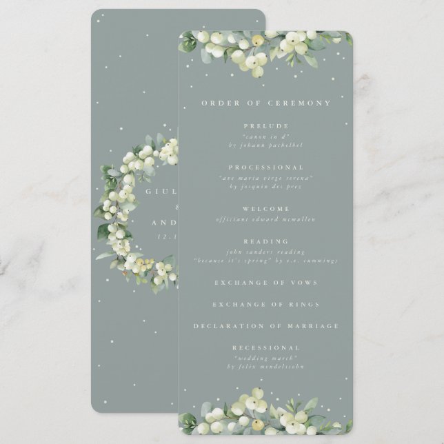 Seafoam Green Snowberry+Eucalyptus Winter Wedding Programme (Front/Back)