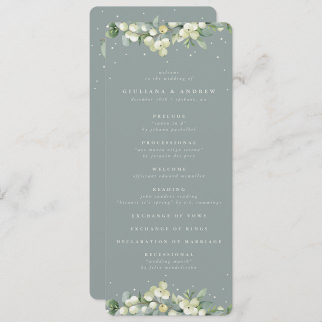 Seafoam Green Snowberry+Eucalyptus Winter Wedding Programme (Front/Back)
