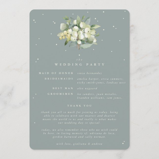 Seafoam Green Snowberry+Eucalyptus Winter Wedding Programme (Back)