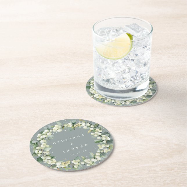 Seafoam Green Snowberry+Eucalyptus Winter Wedding  Round Paper Coaster (Insitu)