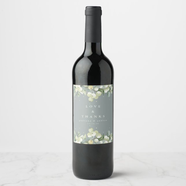 Seafoam Green Snowberry+Eucalyptus Winter Wedding Wine Label (Front)