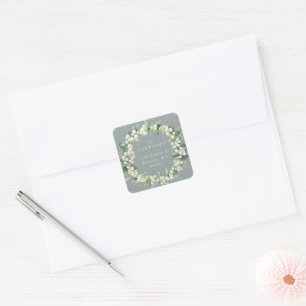 Seafoam Green Snowberry+Eucalyptus Wreath Address Square Sticker