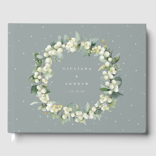 Seafoam Green Snowberry+Eucalyptus Wreath Wedding Guest Book (Front)