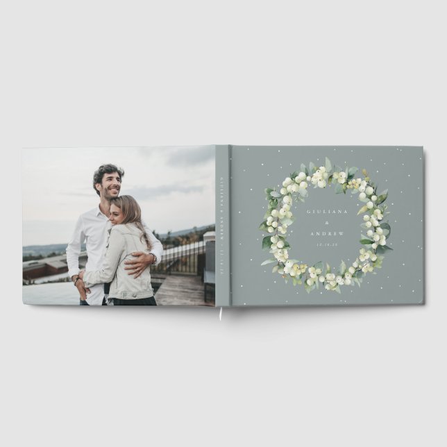 Seafoam Green Snowberry+Eucalyptus Wreath Wedding Guest Book (Full)