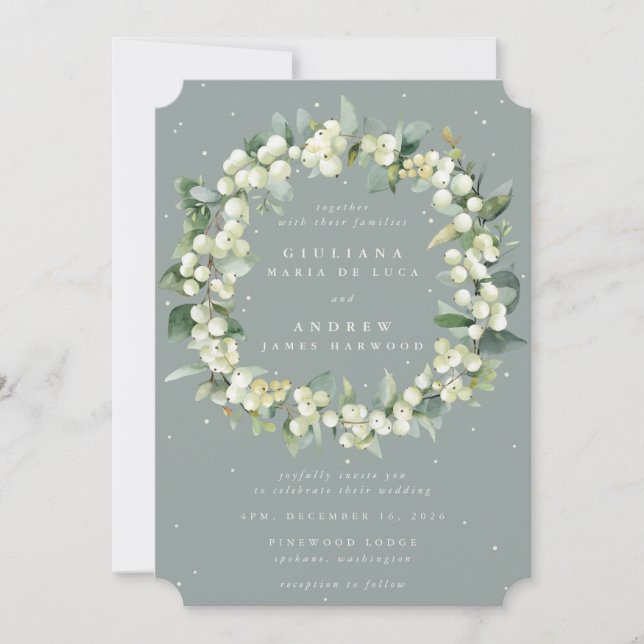 Seafoam Green Snowberry+Eucalyptus Wreath Wedding Invitation (Front)