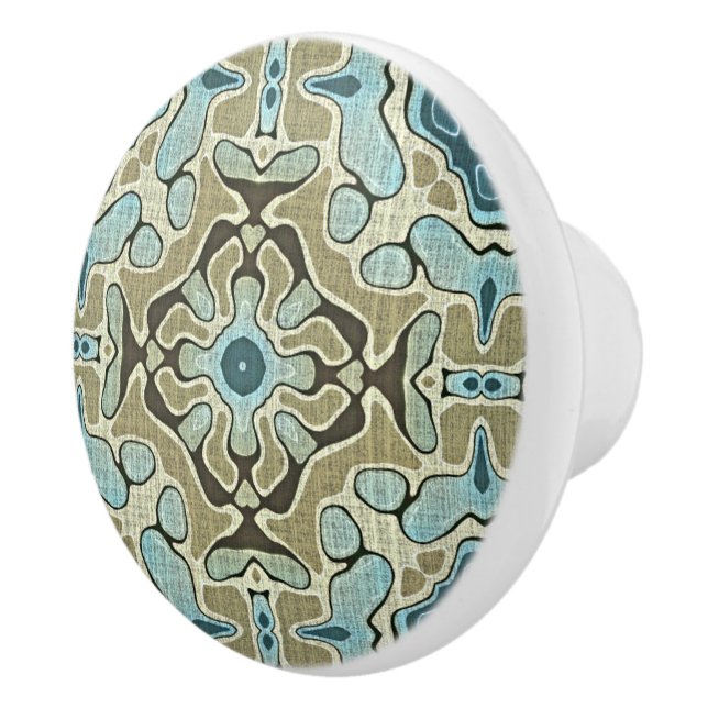 Seafoam Green Teal Blue Ochre Ethnic Tribe Art Ceramic Knob (Right)