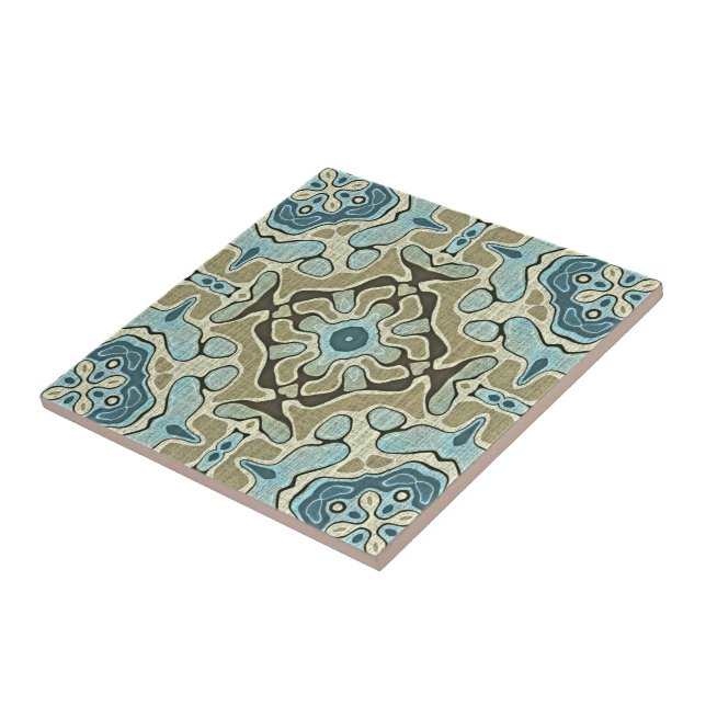 Seafoam Green Teal Blue Ochre Ethnic Tribe Art Tile (Side)