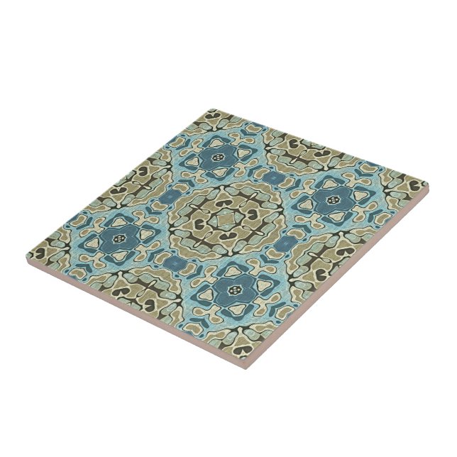 Seafoam Green Teal Blue Ochre Ethnic Tribe Art Tile (Side)