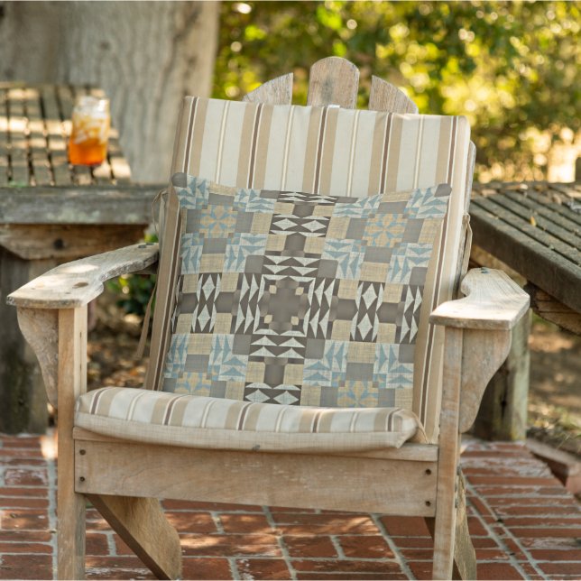 Seafoam Green Teal Taupe Beige Brown Tribal Art Cushion (Chair)