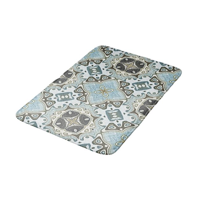 Seafoam Green Teal Turquoise Bali Batik Pattern Bath Mat (Angled)