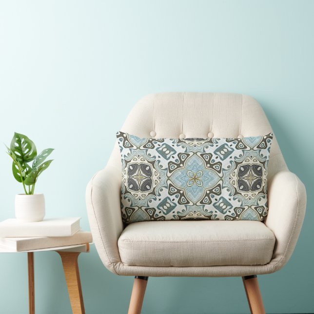 Seafoam Green Teal Turquoise Bohemian Tribe Art Lumbar Cushion (Chair)