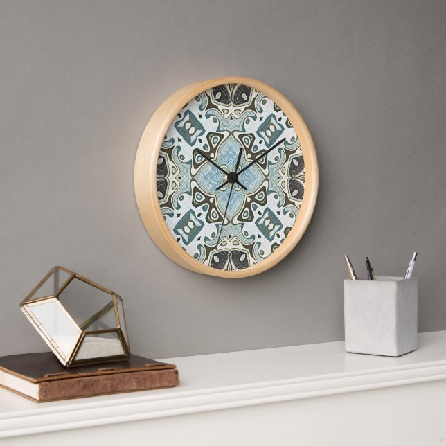 Seafoam Green Teal Turquoise Hip Bohemian Bali Art Clock (Office)