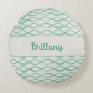Seafoam Green Waves Personalized Coastal Decor Round Cushion