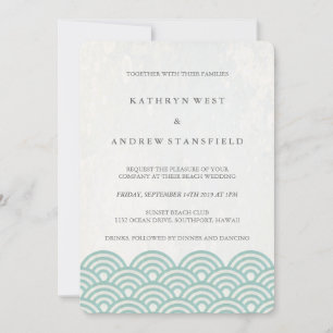 Seafoam Green+White Stylised Waves Elegant Wedding Invitation