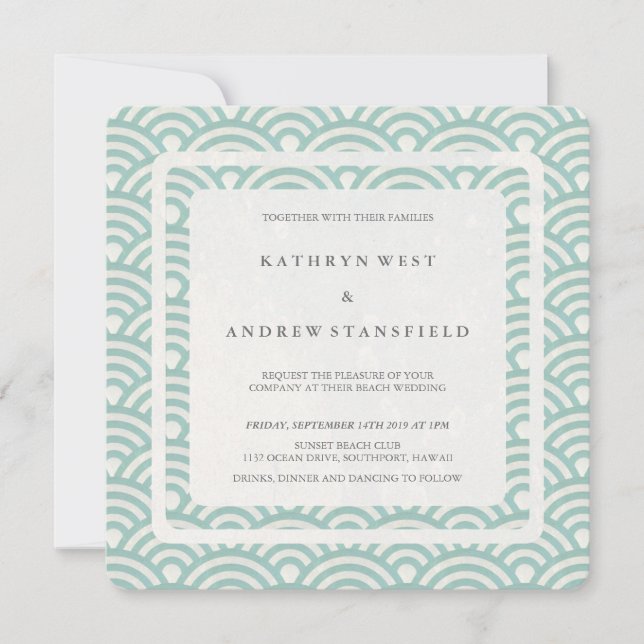 Seafoam Green+White Stylised Waves Modern Wedding Invitation (Front)