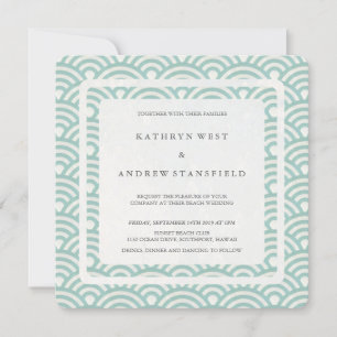 Seafoam Green+White Stylised Waves Modern Wedding Invitation