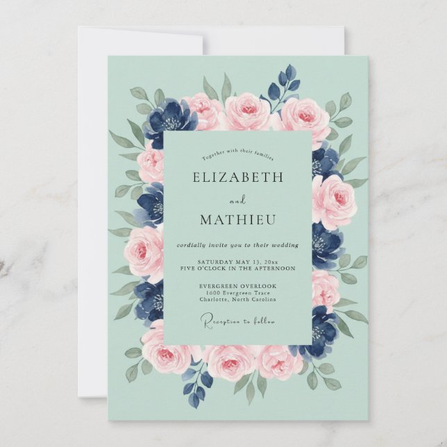 Seafoam Indigo Petal Wedding Invitation (Front)