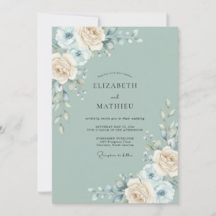 Seafoam Ivory Cream Peony Wedding Invitation