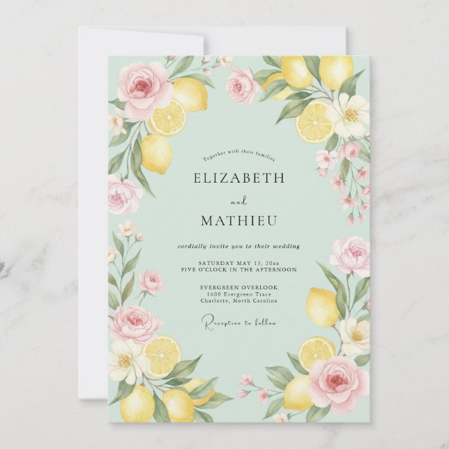 Seafoam Lemon Leafy Wedding Invitation (Front)