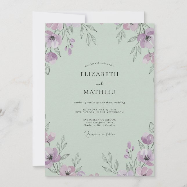 Seafoam Lilac Poppy Wedding Invitation (Front)