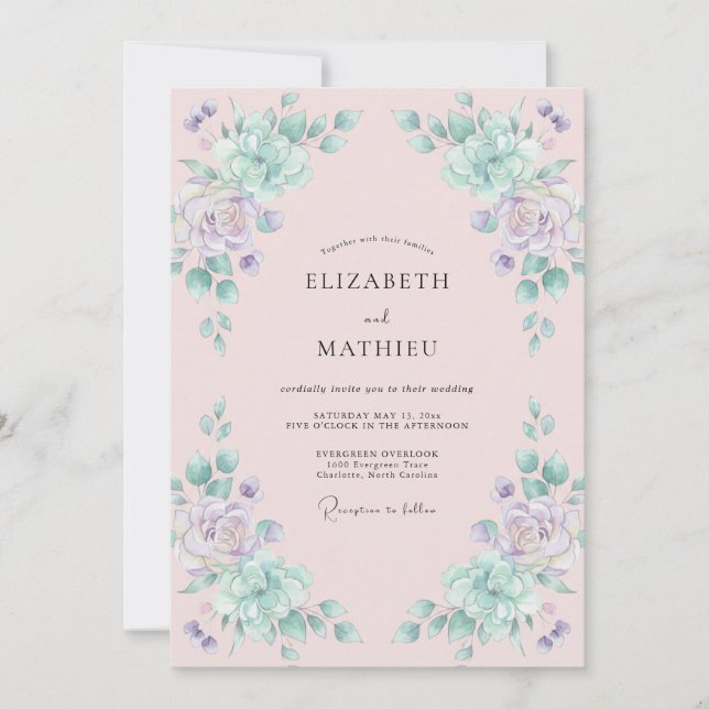 Seafoam Lilac Watercolor Wedding Invitation (Front)