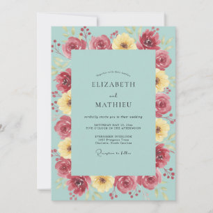 Seafoam Magenta Ranunculus Eucalyptus Wedding Invitation