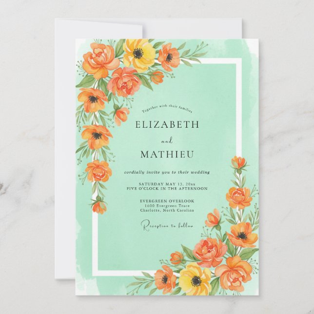 Seafoam Marigold Poppy Wedding Invitation (Front)