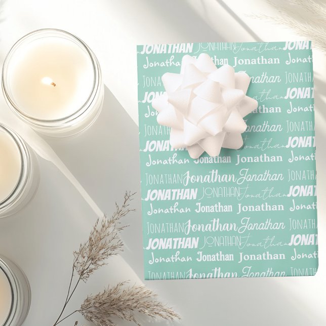 Seafoam Mint Green Birthday Personalised Name Wrapping Paper Sheet (Creator Uploaded)