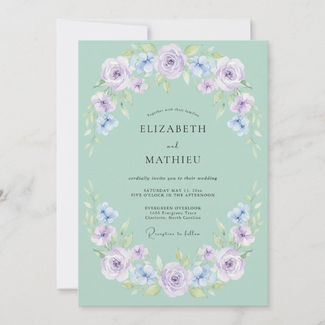 Seafoam Muted Lilac Peony Wedding Invitation (Front)