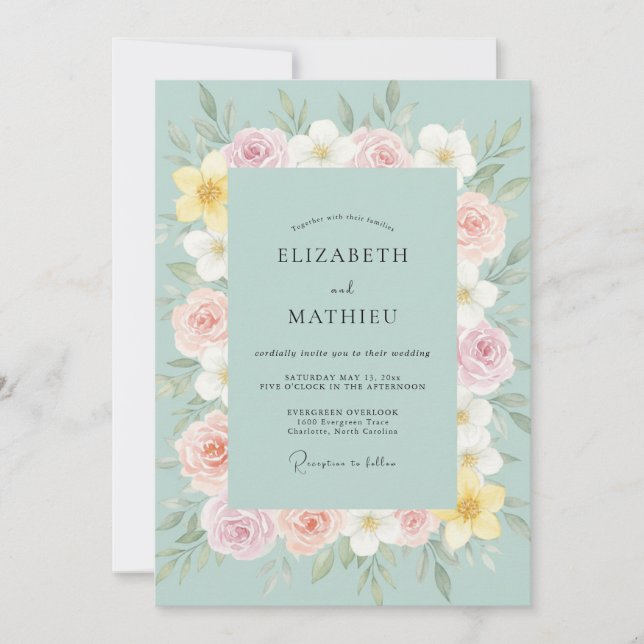 Seafoam Peach Ranunculus Eucalyptus Wedding Invitation (Front)