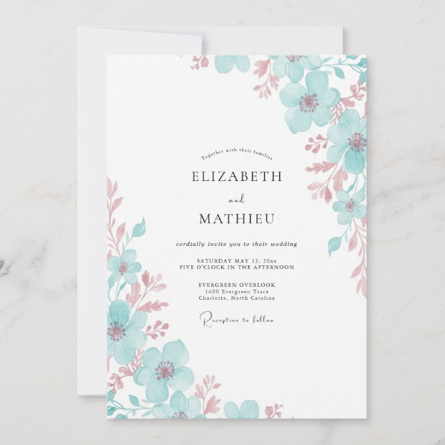 Seafoam Peach Ranunculus Muted Eucalyptus Wedding Invitation (Front)