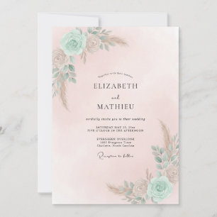 Seafoam Peach Ranunculus Sage Wedding Invitation