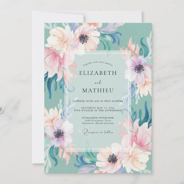 Seafoam Periwinkle Anemone Wedding Invitation (Front)