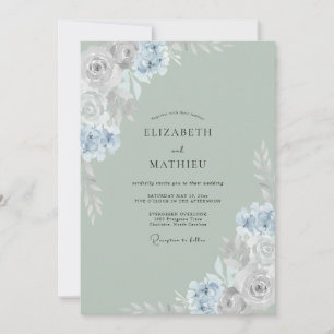 Seafoam Periwinkle Ranunculus Eucalyptus Wedding Invitation