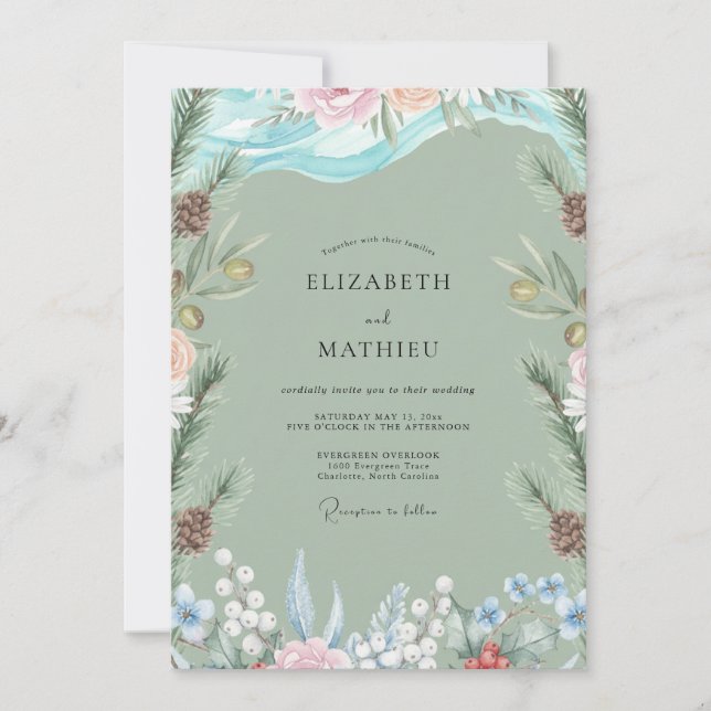 Seafoam Pine Evergreen Eucalyptus Wedding Invitation (Front)