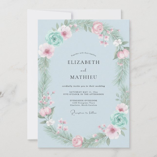 Seafoam Pink Wreath Wedding Invitation (Front)