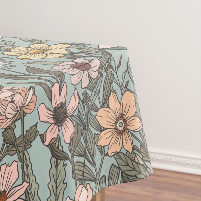 Seafoam Pink Yellow Retro Wildflower Tablecloth (In Situ)