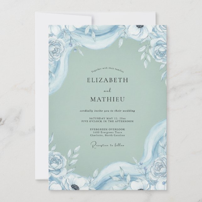Seafoam Powder Bloom Wedding Invitation (Front)
