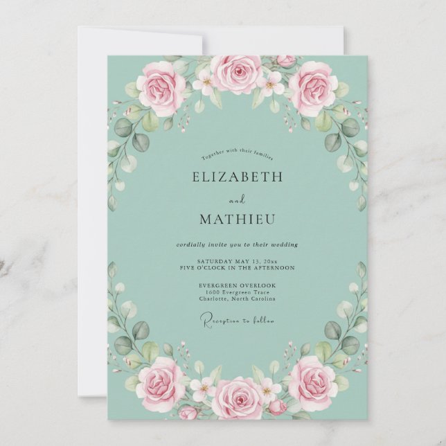 Seafoam Ranunculus Foliage Eucalyptus Wedding Invitation (Front)