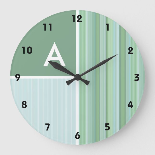 Seafoam, Sage Green, & Baby Blue Stripes Large Clock (Front)