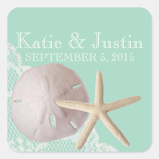 Seafoam Sand Dollar and Starfish Square Sticker (Front)