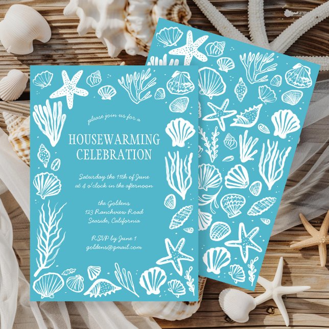 Seafoam Seashells Custom HOUSEWARMING PARTY Invitation (Seafoam Seashells Custom HOUSEWARMING PARTY Invitation Beach Ocean Coast Sea Shells Blue New Home
)