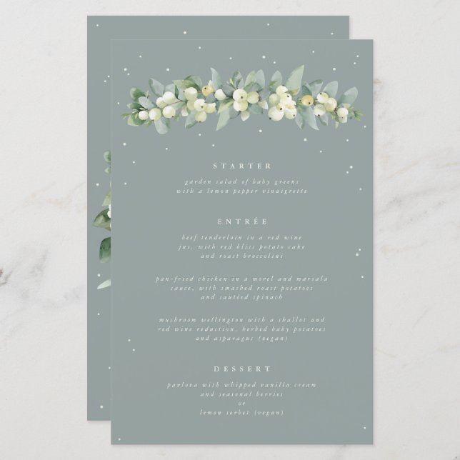 Seafoam Snowberry+Eucalyptus 3 Course Wedding Menu (Front/Back)