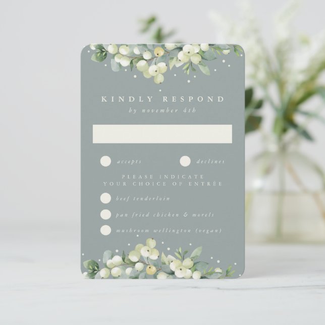 Seafoam Snowberry+Eucalyptus Edged Wedding RSVP (Standing Front)