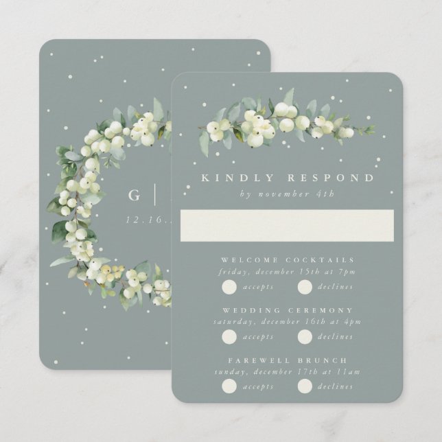 Seafoam Snowberry+Eucalyptus Wedding Multi-Event RSVP Card (Front/Back)