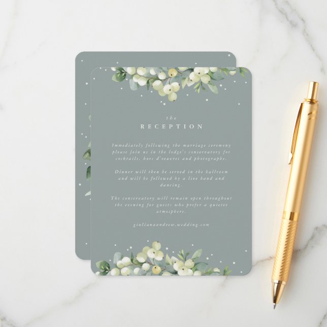 Seafoam Snowberry+Eucalyptus Wedding Reception Enclosure Card (Front/Back In Situ)