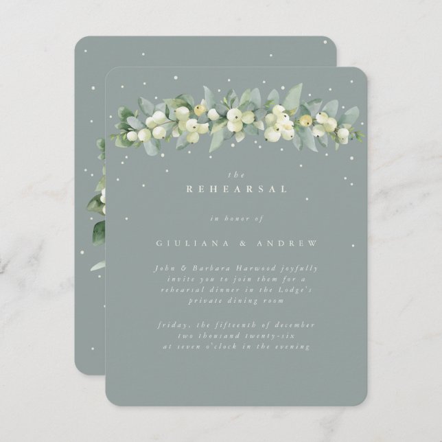 Seafoam Snowberry+Eucalyptus Wedding Rehearsal Enclosure Card (Front/Back)
