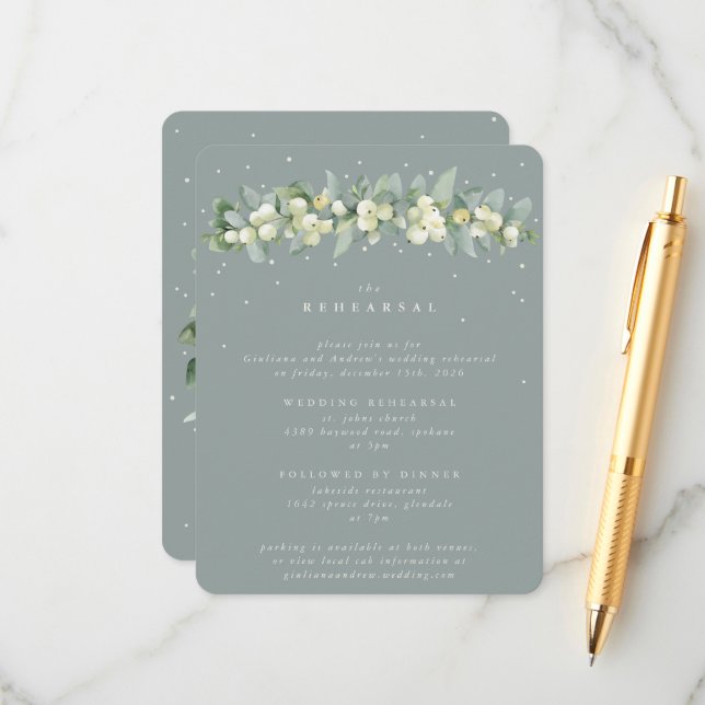 Seafoam Snowberry+Eucalyptus Wedding Rehearsal Enclosure Card (Front/Back In Situ)