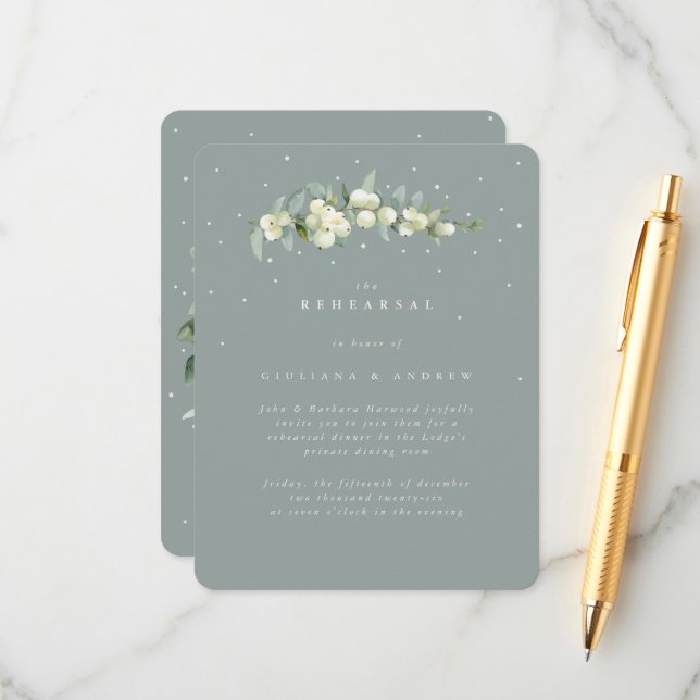 Seafoam Snowberry+Eucalyptus Wedding Rehearsal Enclosure Card (Front/Back In Situ)