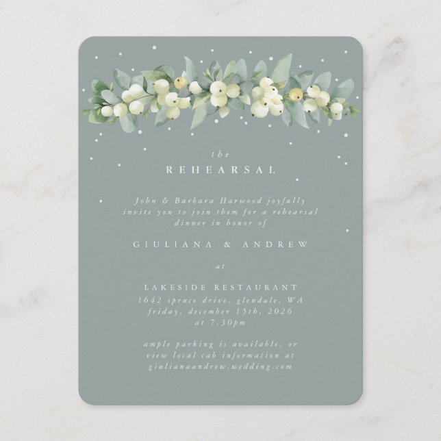 Seafoam Snowberry+Eucalyptus Wedding Rehearsal Enclosure Card (Front)